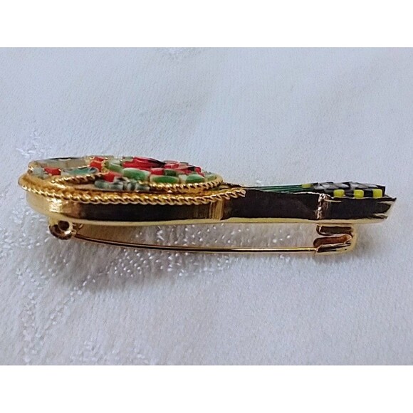 Mandolin Micro Mosaic Pin Brooch Red Green Yellow *Missing Piece In Handle* 10K - Picture 3 of 7